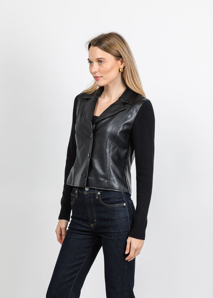 J Society Knit Sleeve Vegan Leather Jacket in Black available at Barbara Katz