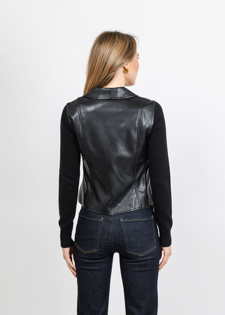 J Society Knit Sleeve Vegan Leather Jacket in Black available at Barbara Katz