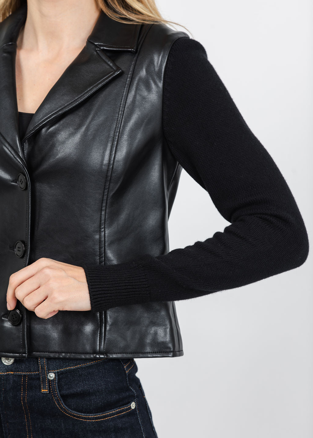 J Society Knit Sleeve Vegan Leather Jacket in Black available at Barbara Katz