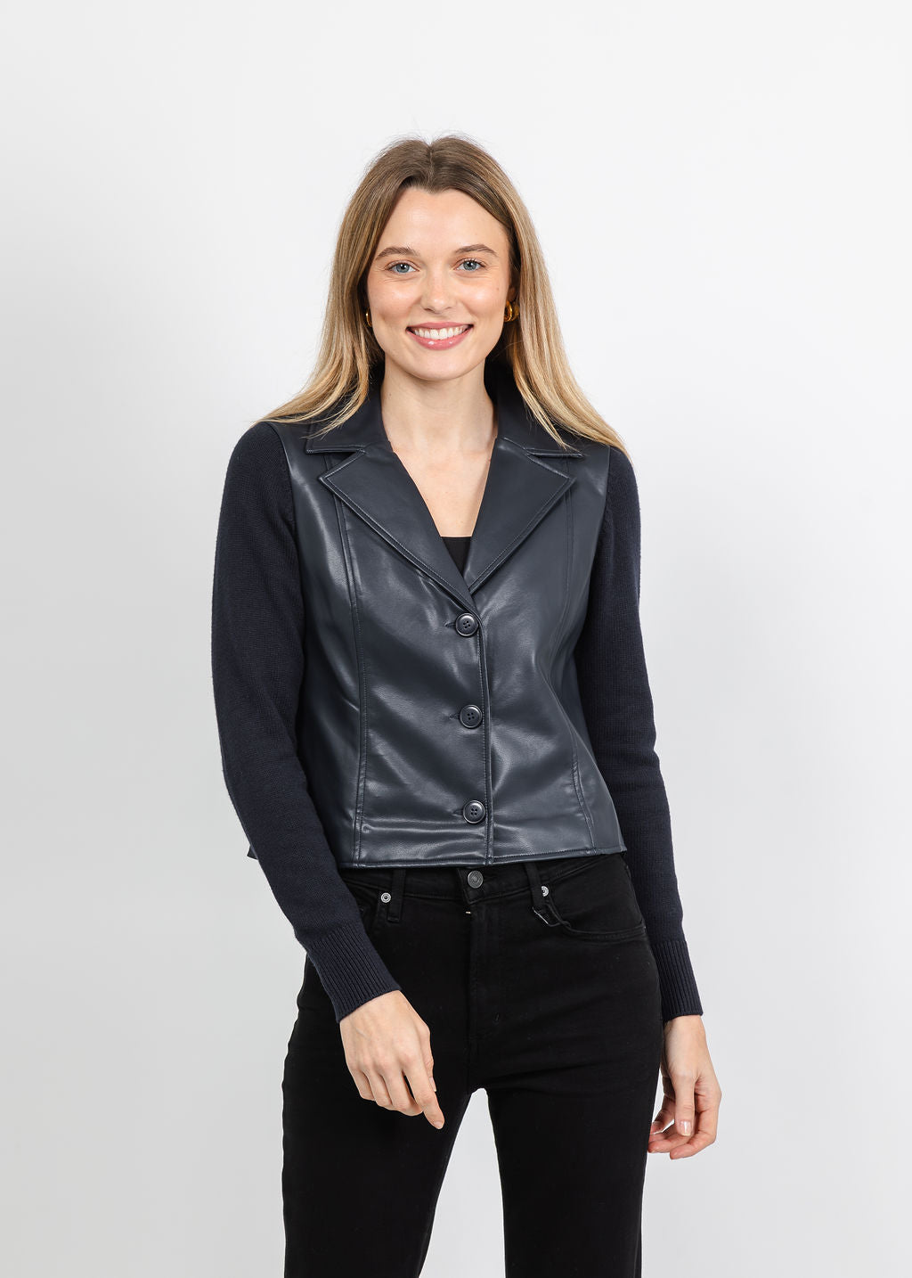 J Society Knit Sleeve Vegan Leather Jacket in Navy available at Barbara Katz