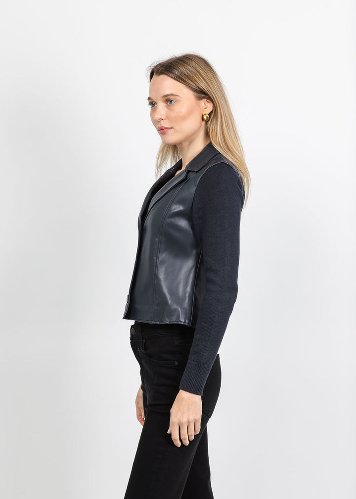 J Society Knit Sleeve Vegan Leather Jacket in Navy available at Barbara Katz