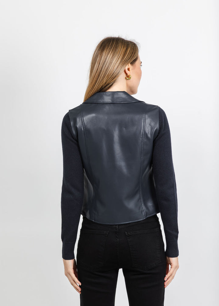 J Society Knit Sleeve Vegan Leather Jacket in Navy available at Barbara Katz