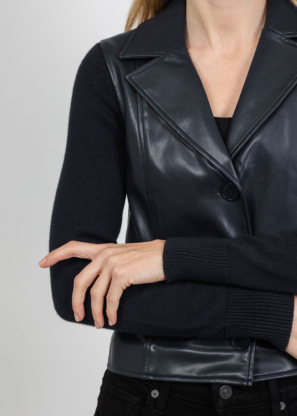 J Society Knit Sleeve Vegan Leather Jacket in Navy available at Barbara Katz