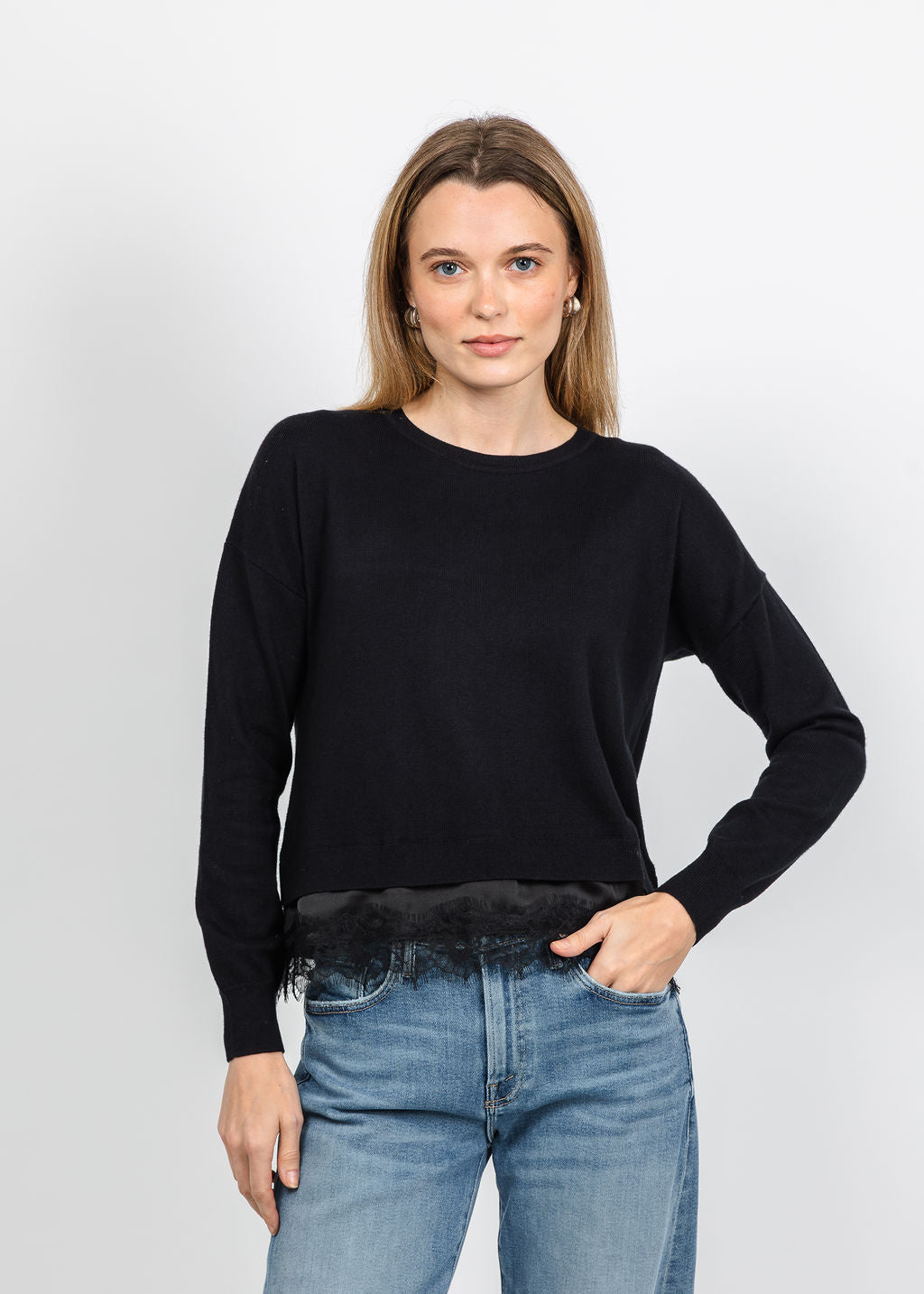 J Society Lace Trim Crew Sweater in Black available at Barbara Katz