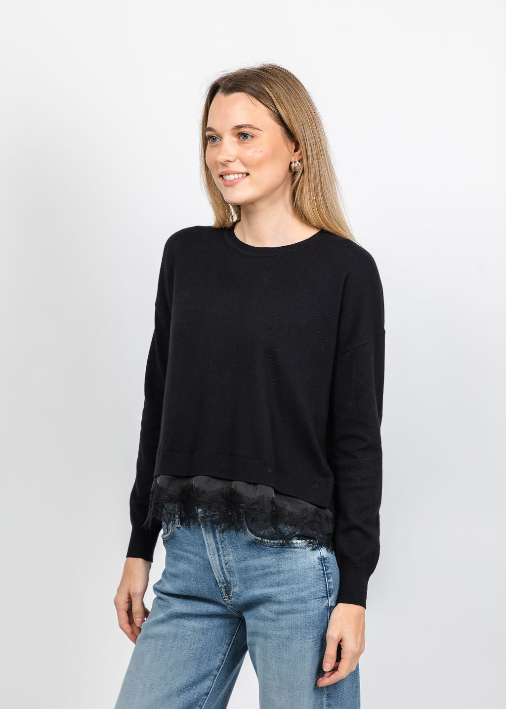 J Society Lace Trim Crew Sweater in Black available at Barbara Katz