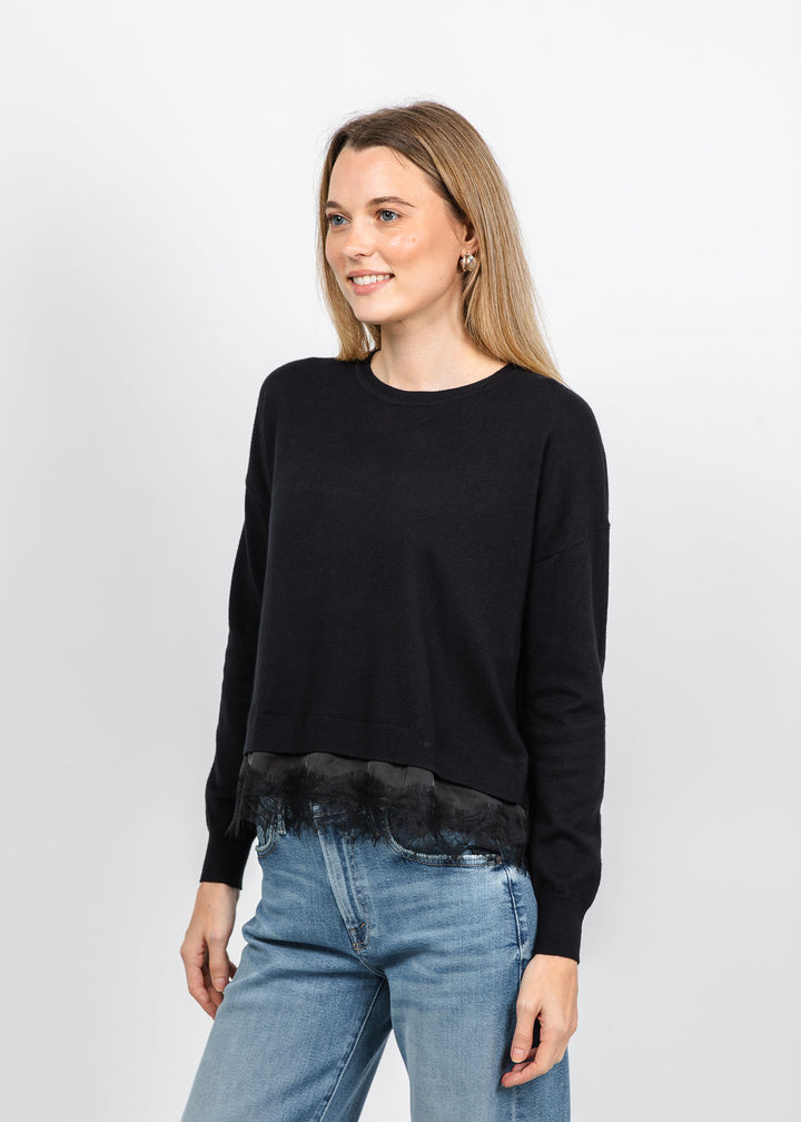 J Society Lace Trim Crew Sweater in Black available at Barbara Katz