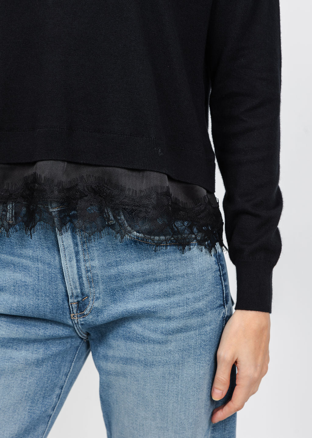 J Society Lace Trim Crew Sweater in Black available at Barbara Katz