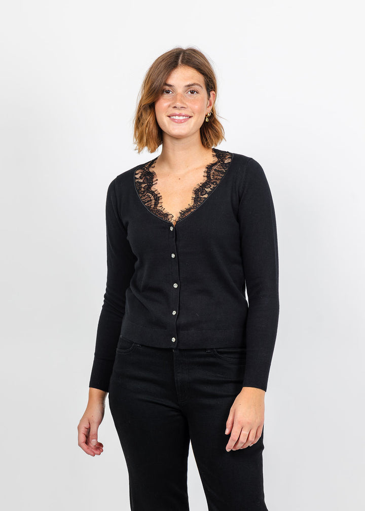 J Society Lace Trim V Neck Cardigan - Black available at Barbara Katz