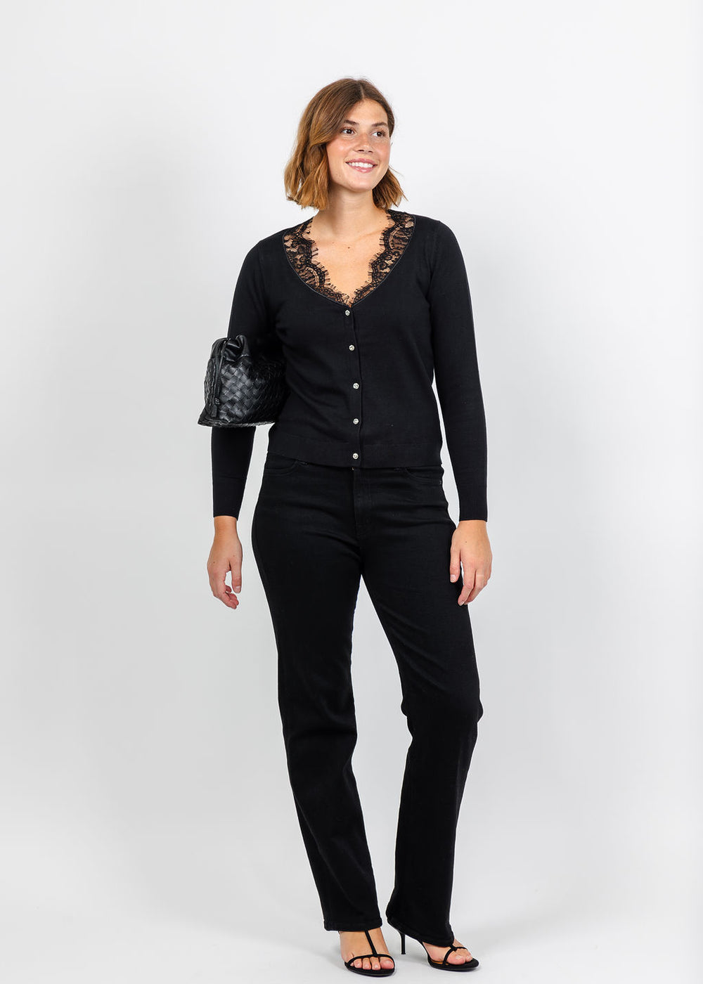 J Society Lace Trim V Neck Cardigan - Black available at Barbara Katz
