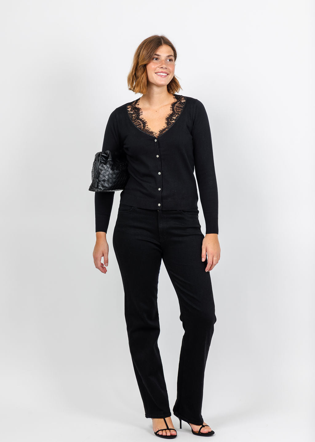 J Society Lace Trim V Neck Cardigan - Black available at Barbara Katz