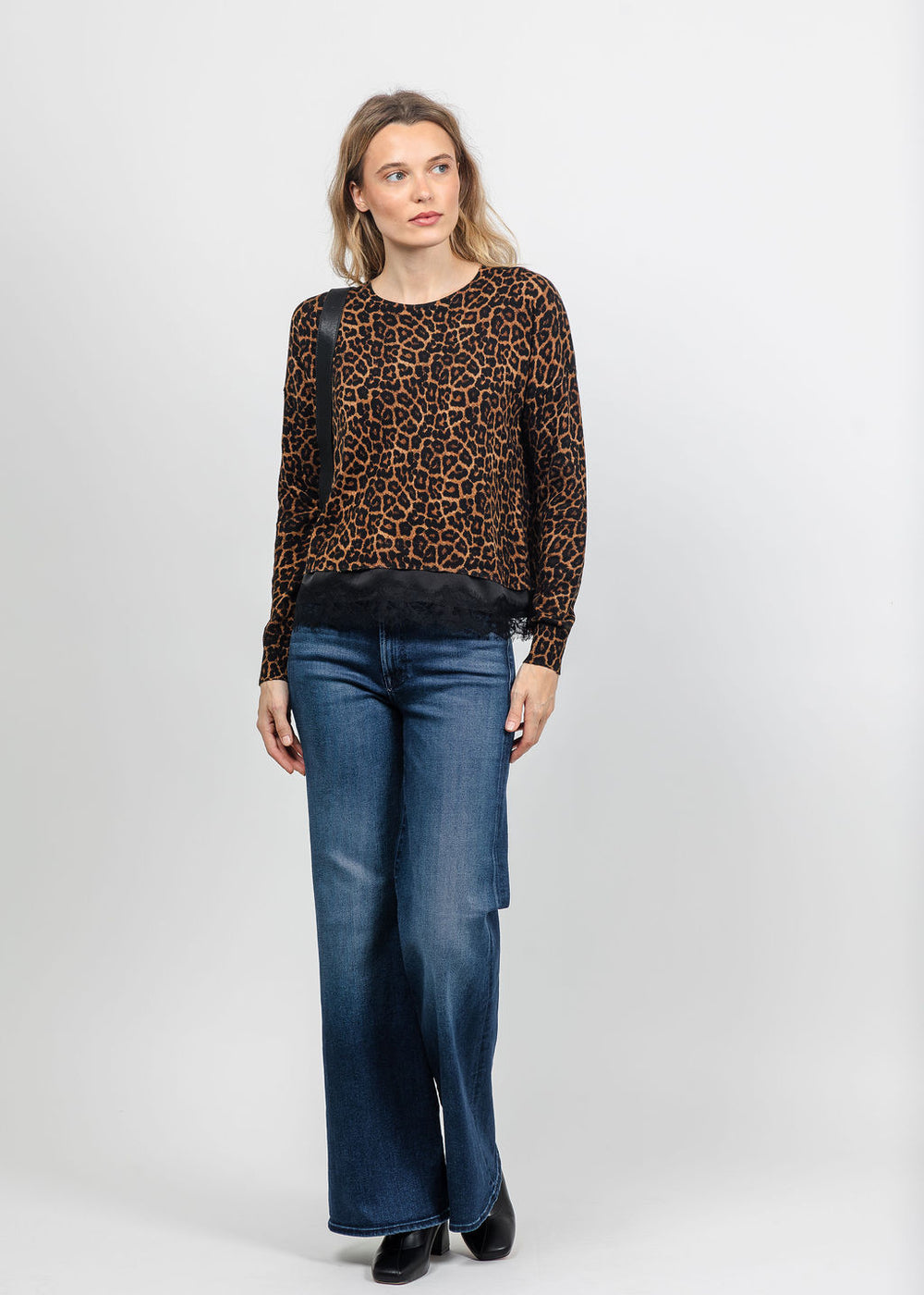 J Society Leopard Print Lace Trim Crew Top available at Barbara Katz