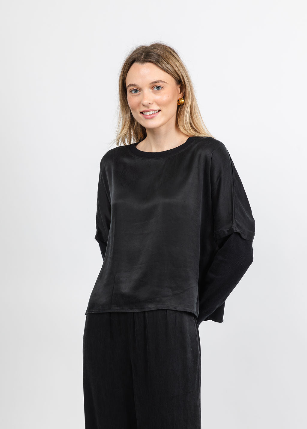 J Society Long Sleeve Crop Crew Top in Black available at Barbara Katz