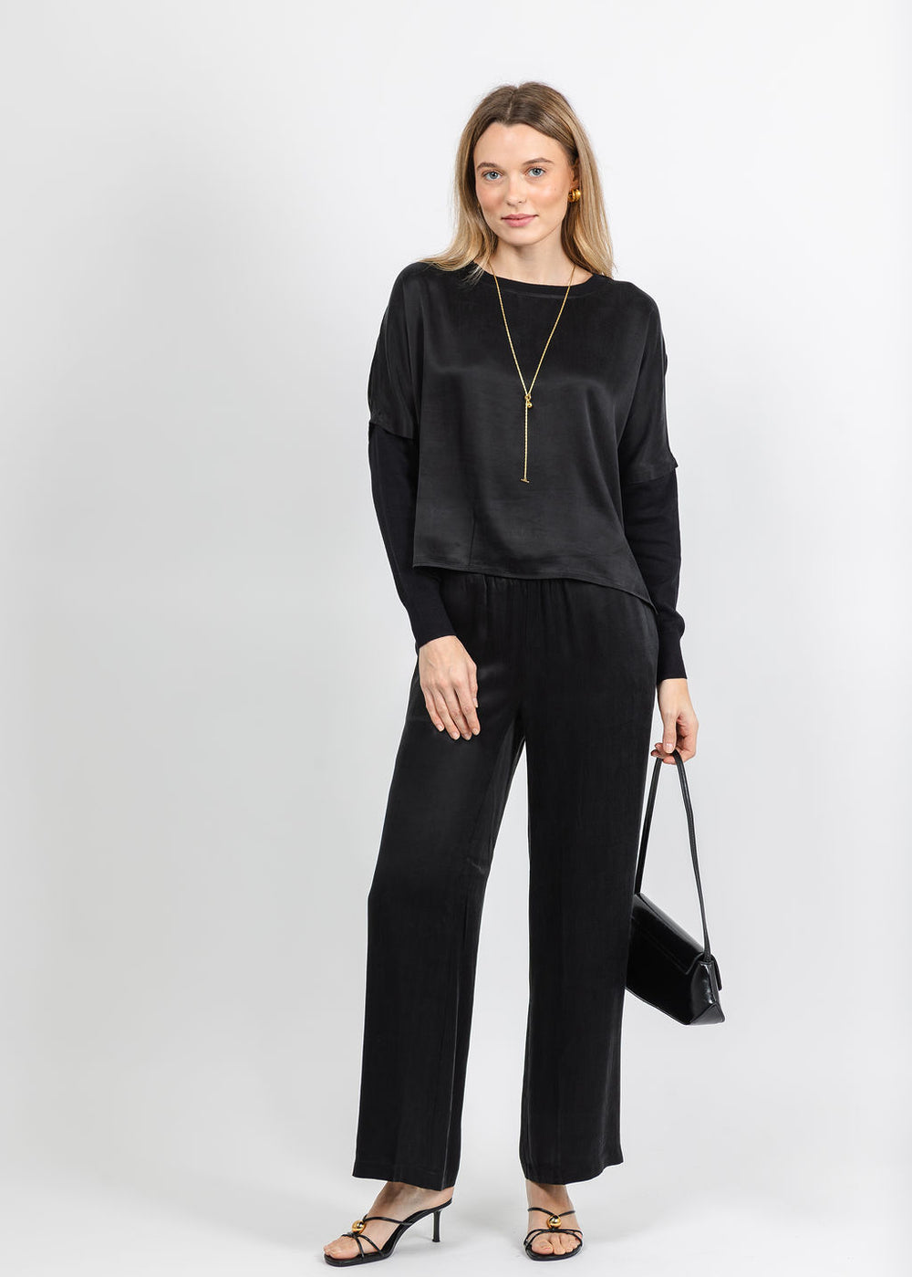 J Society Long Sleeve Crop Crew Top and Easy Wide Leg Pant in Black available at Barbara Katz