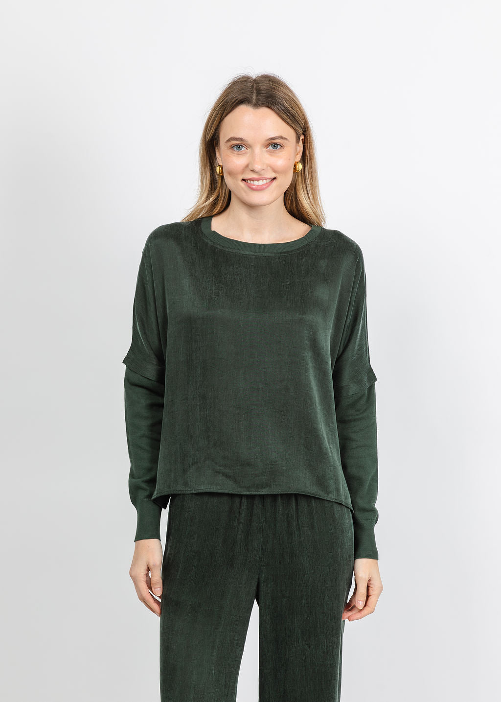 J Society Long Sleeve Crop Crew Top in Pine available at Barbara Katz