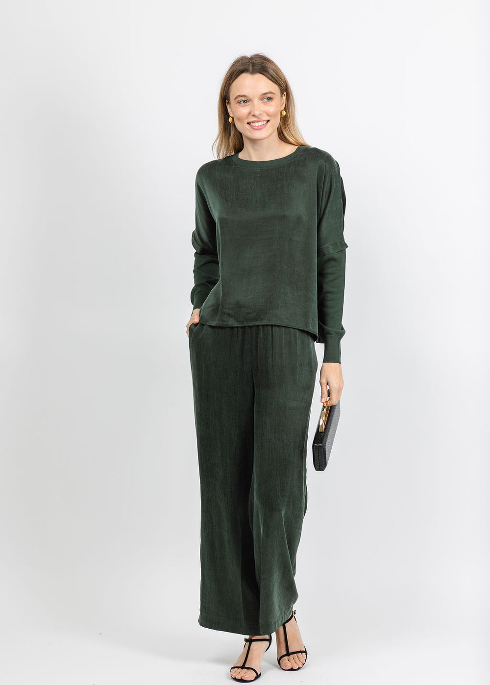 J Society Long Sleeve Crop Crew Top and Easy Wide Leg Pant in Pine available at Barbara Katz