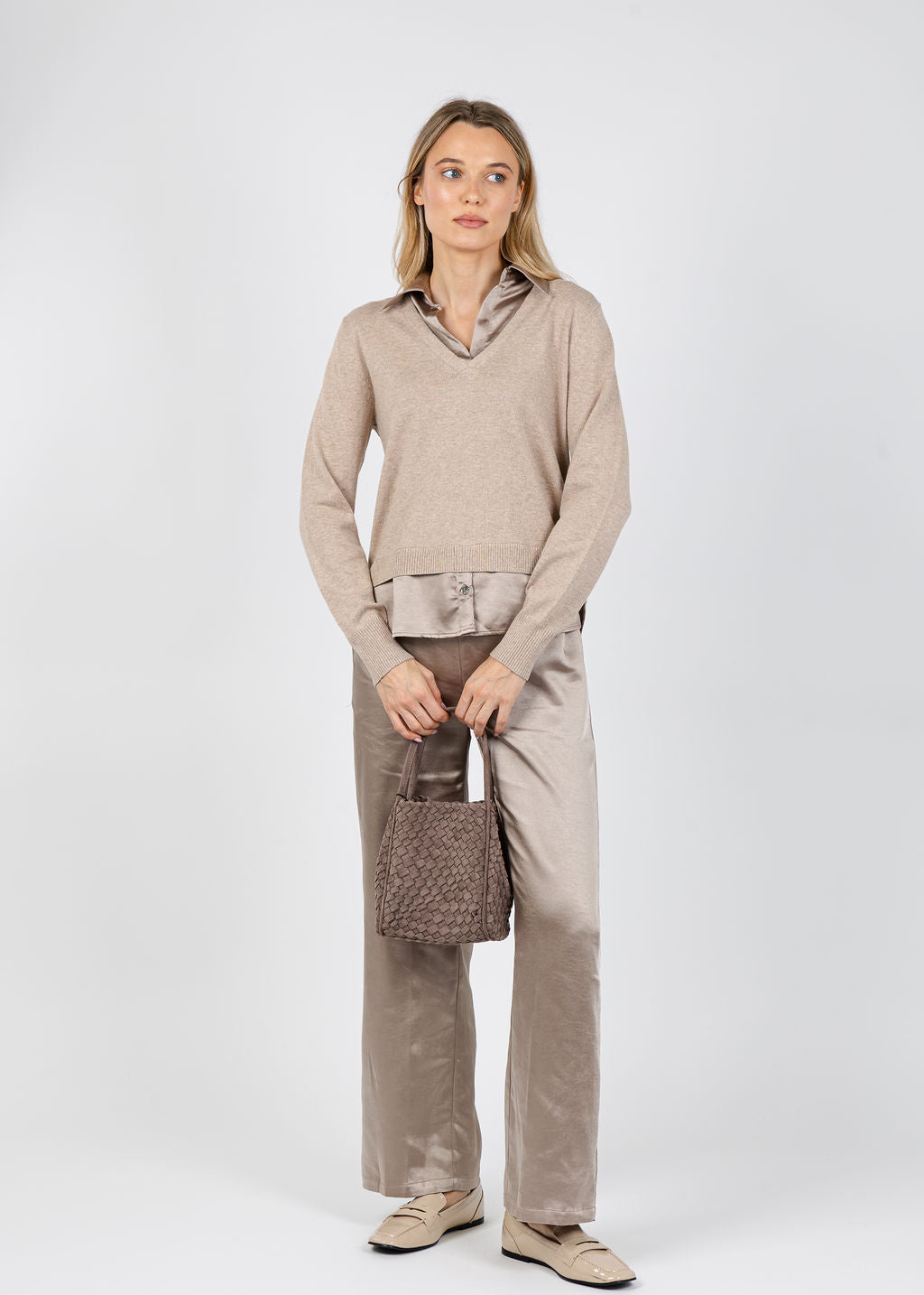 J Society Lyla 2-Fer Pullover Sweater in Cappuccino available at Barbara Katz