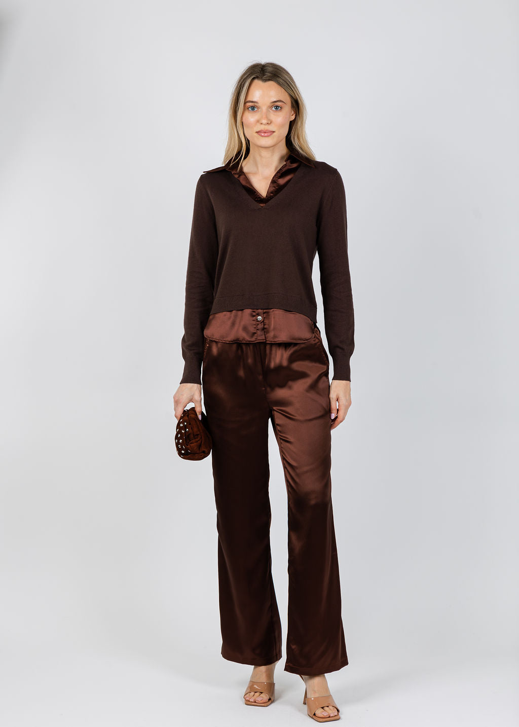 J Society Lyla 2-Fer Pullover Sweater in Chocolate paired with J Society Melody Easy Full Pants in Chocolate available at Barbara Katz
