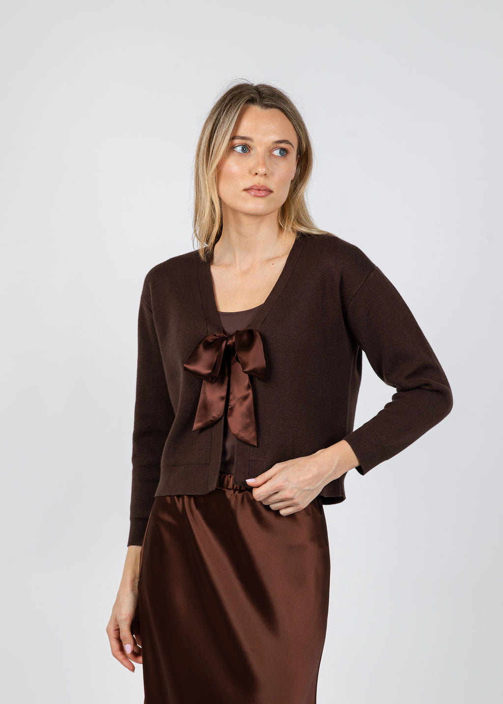 J Society Maya Tie Front Cardigan in Chocolate available at Barbara Katz