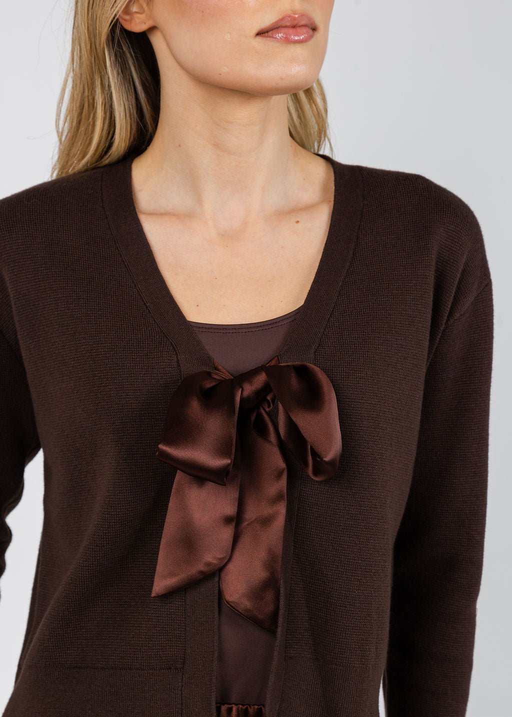 J Society Maya Tie Front Cardigan in Chocolate available at Barbara Katz