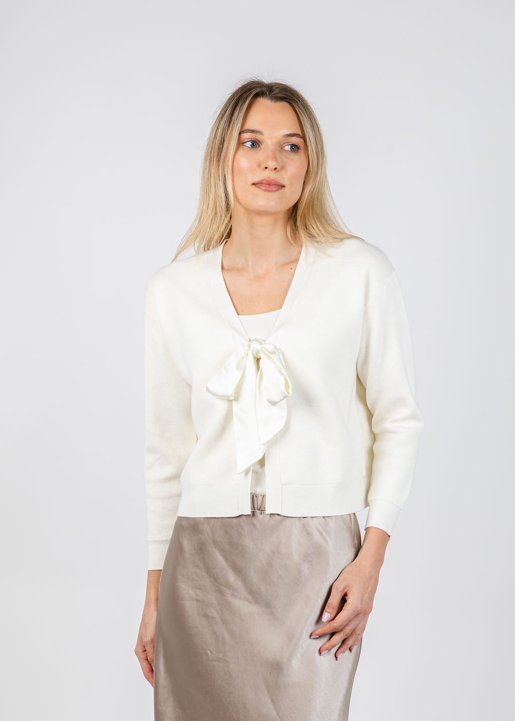 J Society Maya Tie Front Cardigan in Vanilla available at Barbara Katz