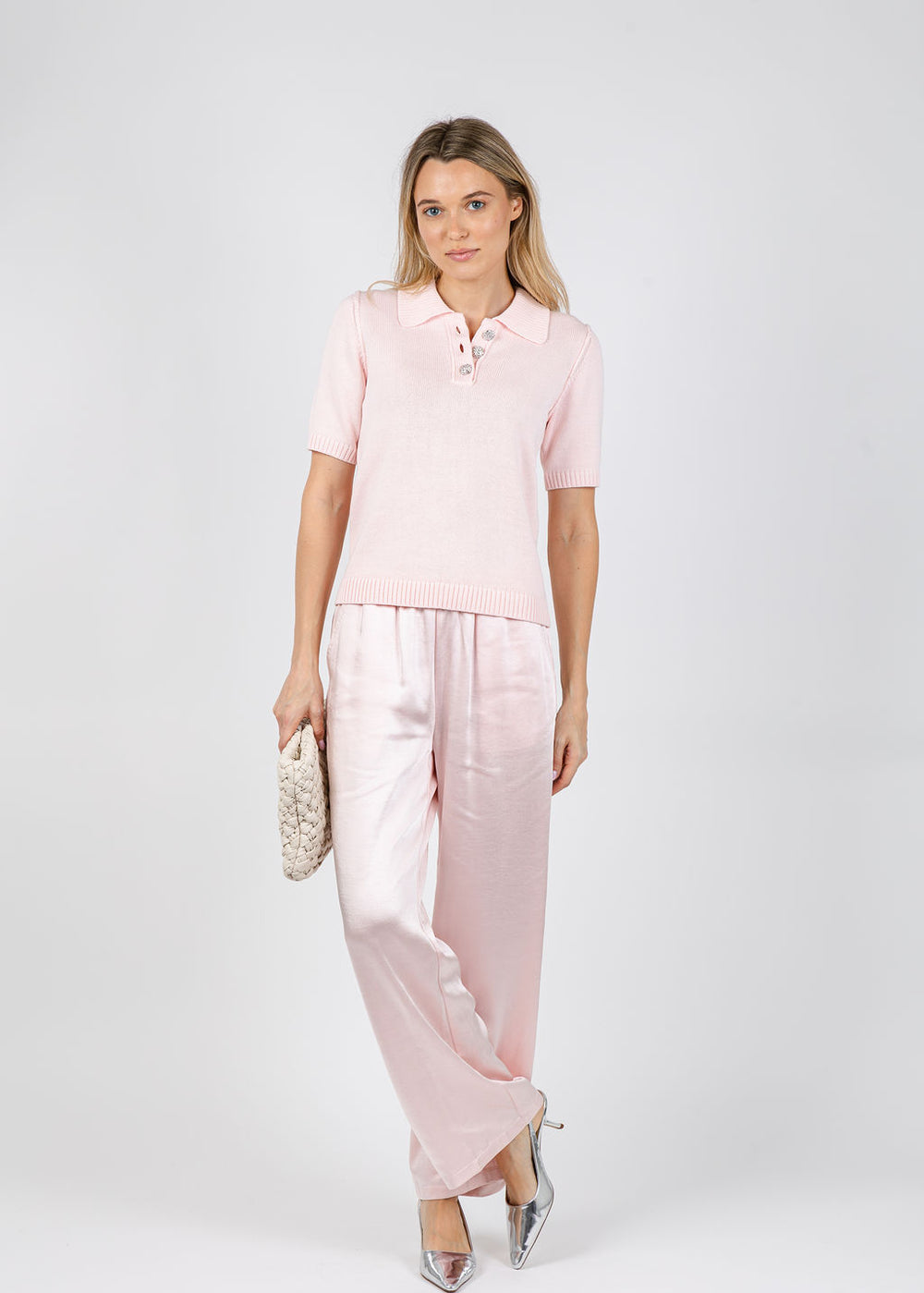 J Society Naomi Embellished Button Polo in Blush paired with J Society Melody Easy Full Pants in Blush available at Barbara Katz