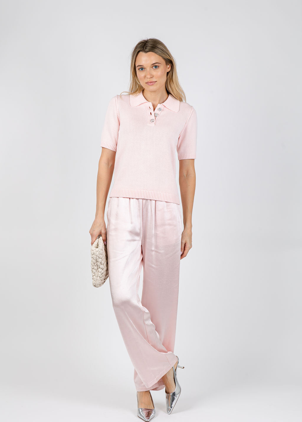 J Society Naomi Embellished Button Polo in Blush paired with J Society Melody Easy Full Pants in Blush available at Barbara Katz