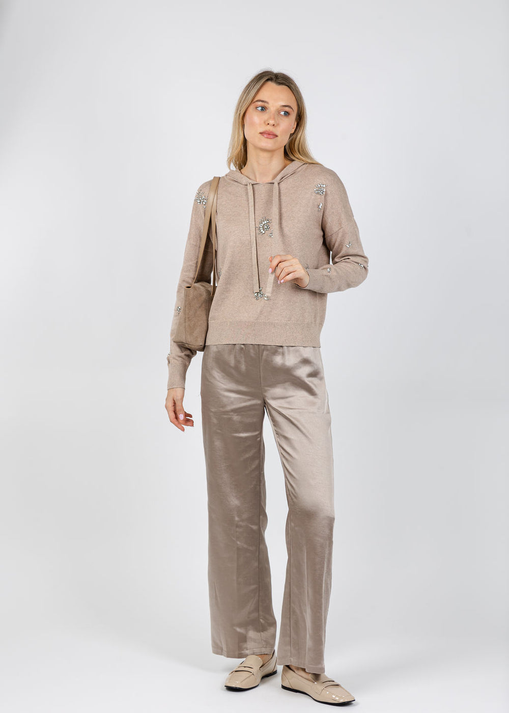 J Society Ember Brooch Hoodie in Cappuccino paired with J Society Melody Easy Full Pants in Cappuccino available at Barbara Katz