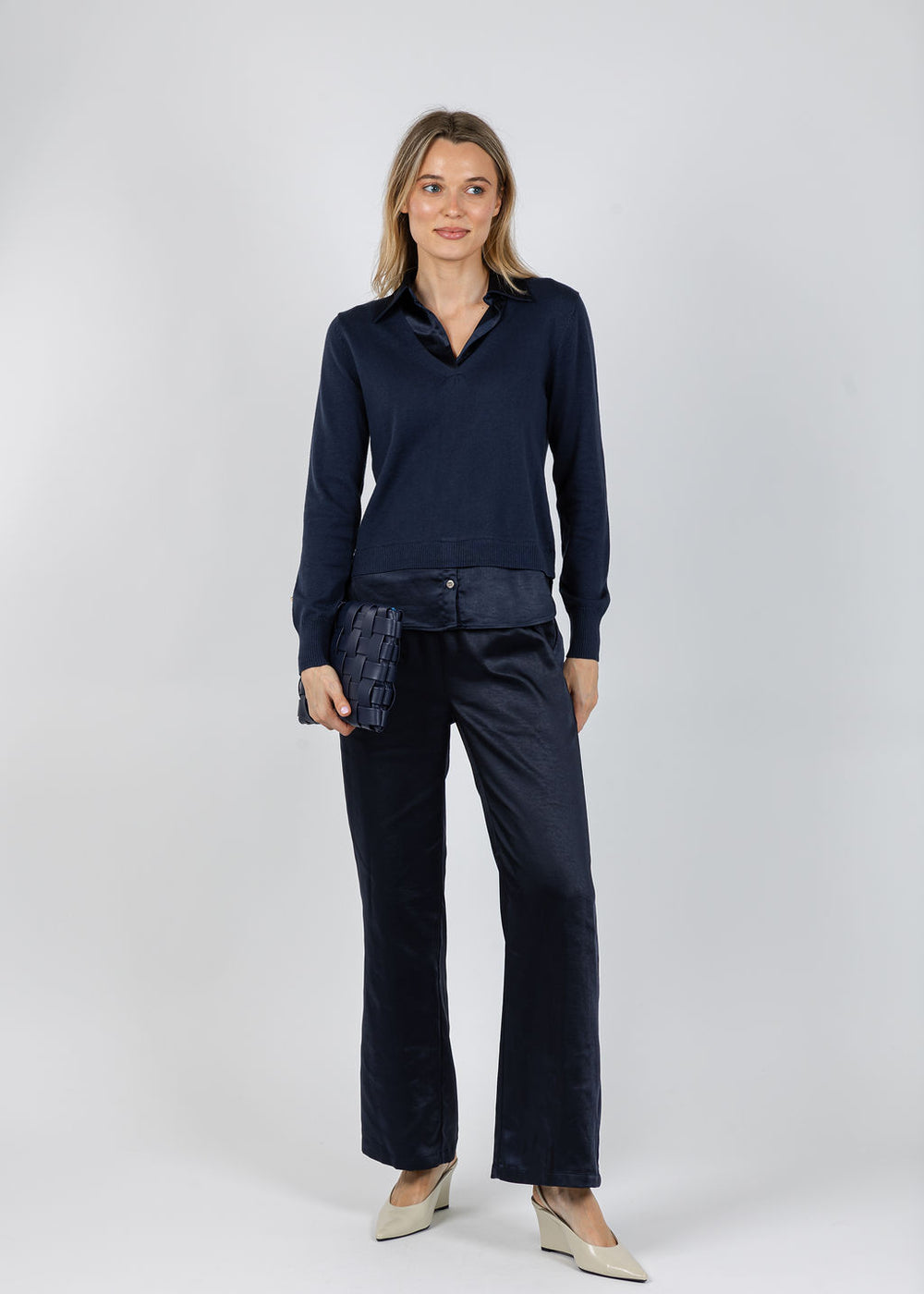 J Society Lyla 2-Fer Pullover Sweater in Midnight paired with J Society Melody Easy Full Pants in Midnight available at Barbara Katz