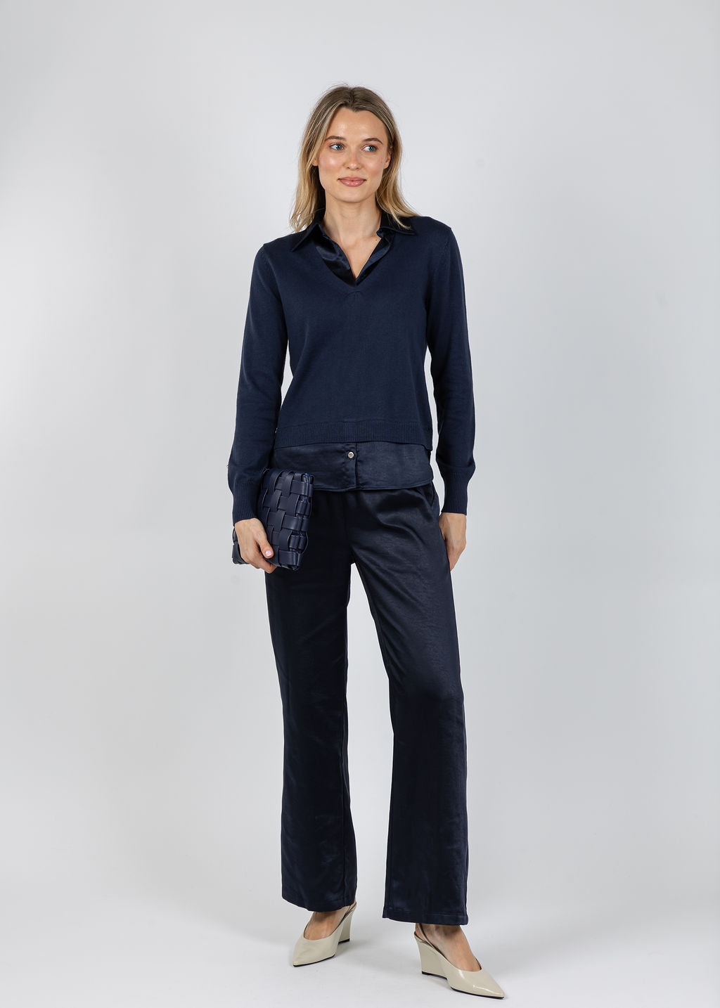 J Society Lyla 2-Fer Pullover Sweater in Midnight paired with J Society Melody Easy Full Pants in Midnight available at Barbara Katz