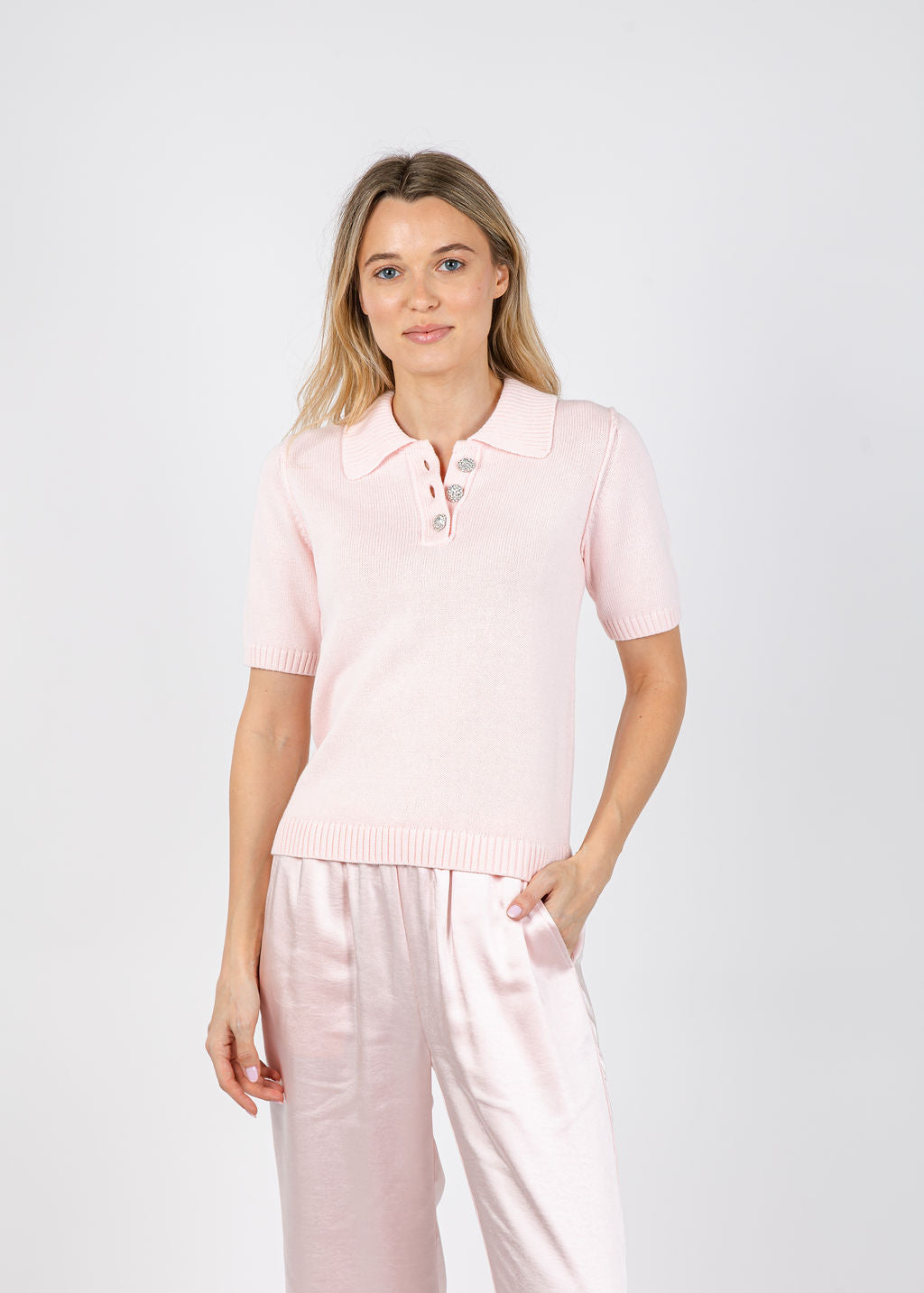 J Society Naomi Embellished Button Polo in Blush available at Barbara Katz