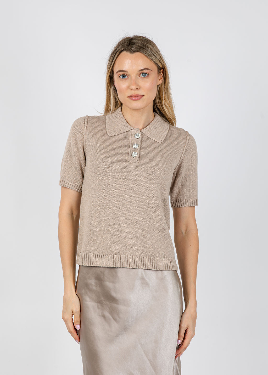 J Society Naomi Embellished Button Polo in Cappuccino available at Barbara Katz