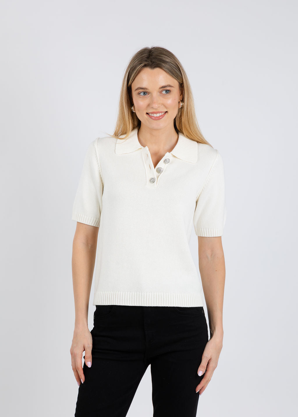 J Society Naomi Embellished Button Polo in Vanilla available at Barbara Katz