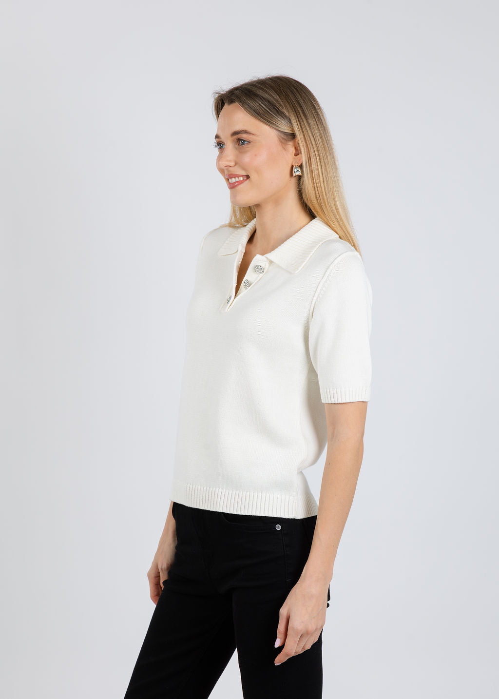 J Society Naomi Embellished Button Polo in Vanilla available at Barbara Katz