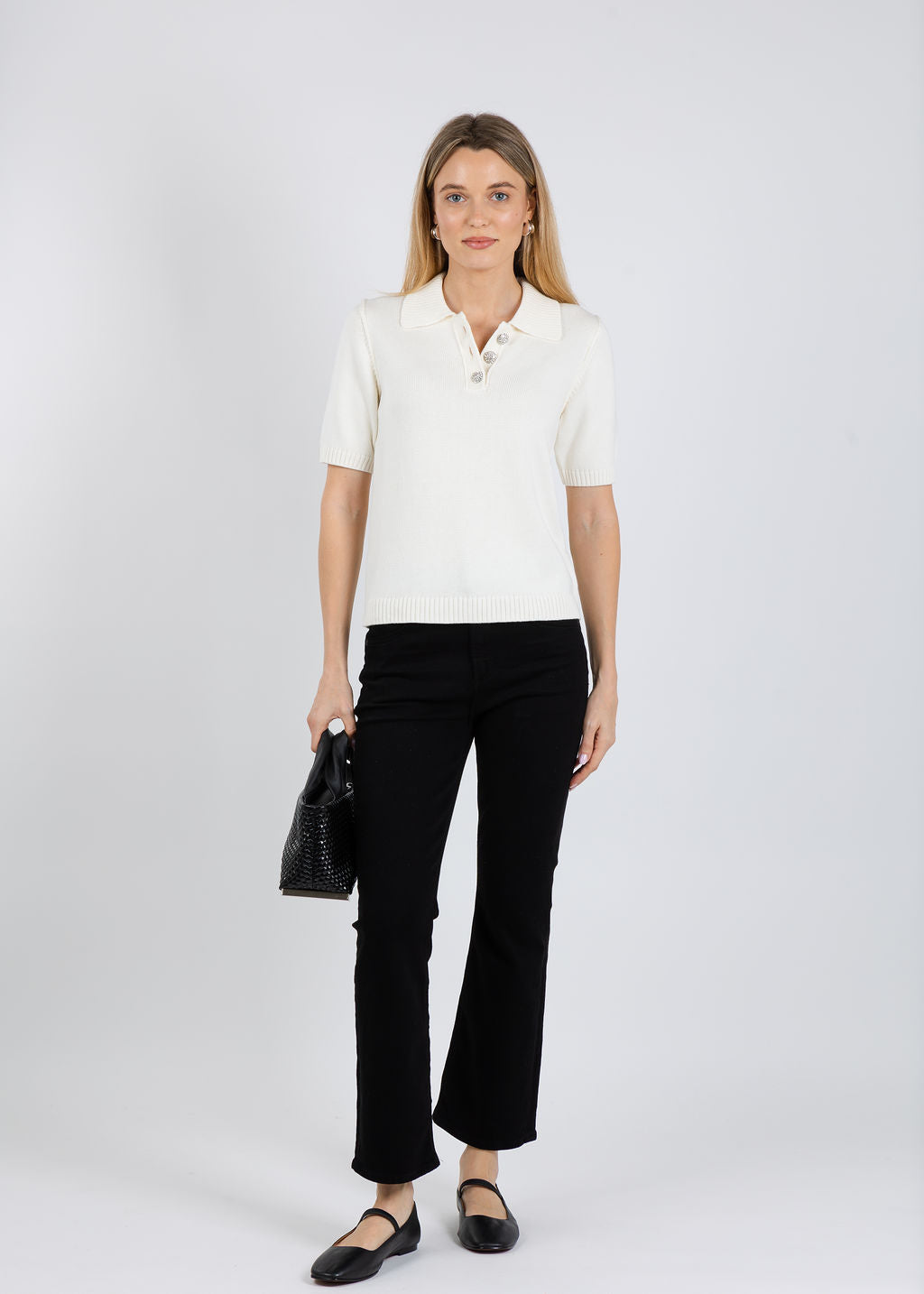J Society Naomi Embellished Button Polo in Vanilla available at Barbara Katz
