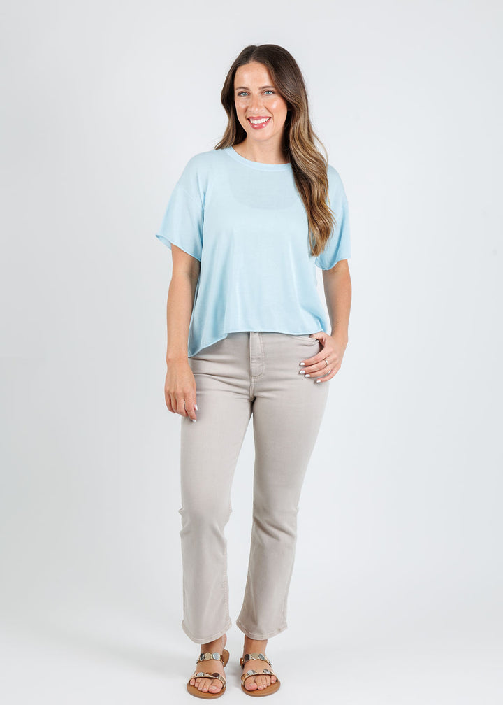 J Society Nora Short Sleeve Tee in Baby Blue paired with Pistola Lennon Flare Jeans in Stone available at Barbara Katz