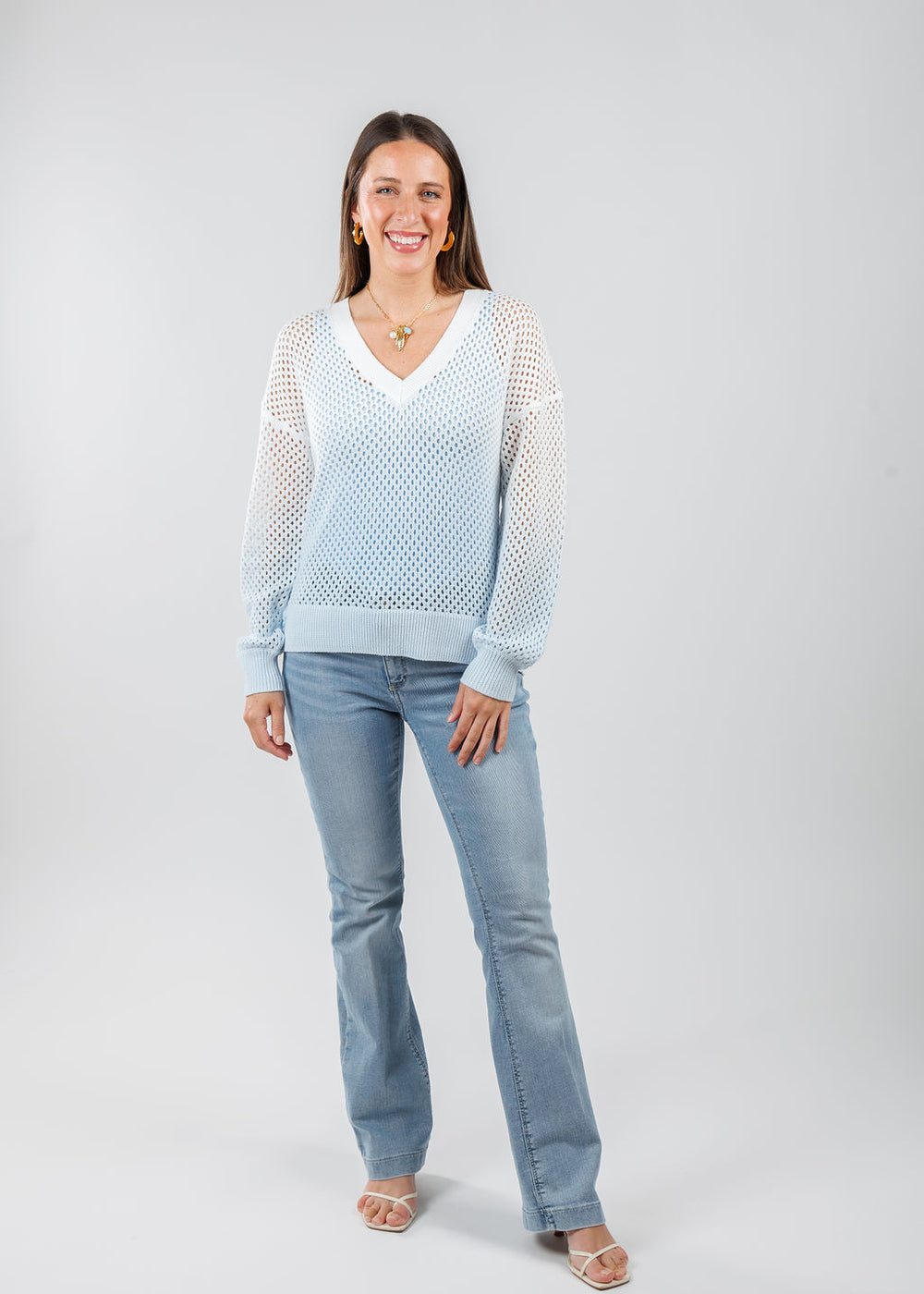 J Society Ombre Mesh V-Neck Sweater in Baby Blue paired with MAC Dream Boot Jeans in Summer Blue Clouds Wash available at Barbara Katz