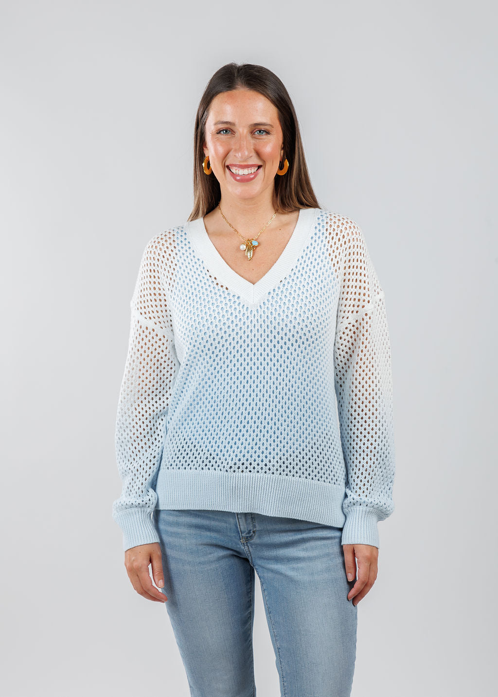 J Society Ombre Mesh V-Neck Sweater in Baby Blue available at Barbara Katz