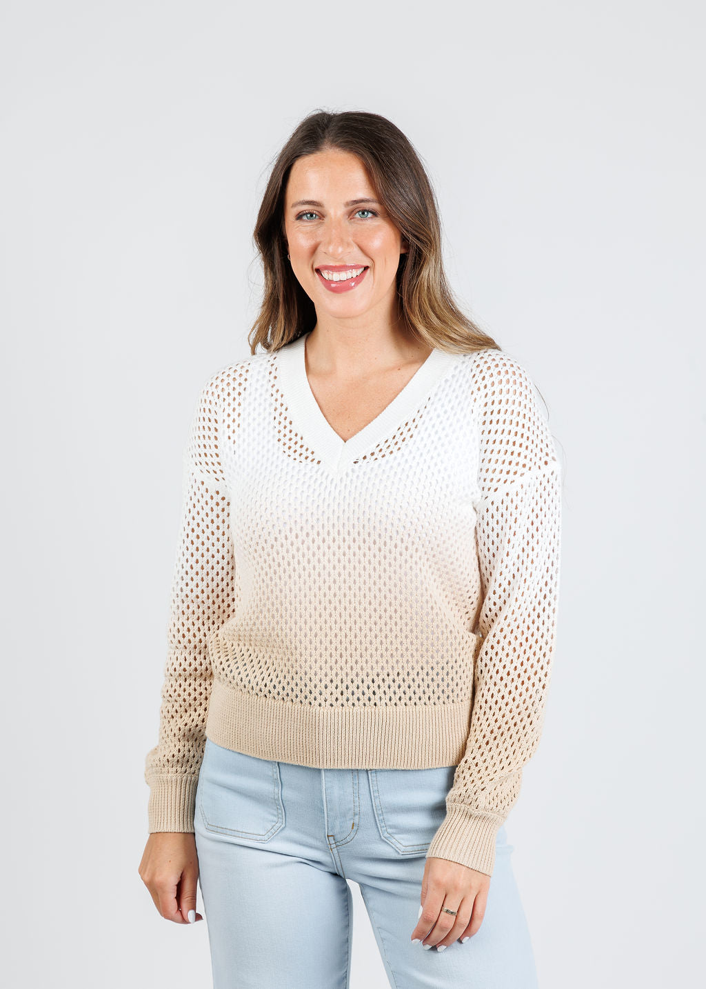 J Society Ombre Mesh V-Neck Sweater in Sand available at Barbara Katz