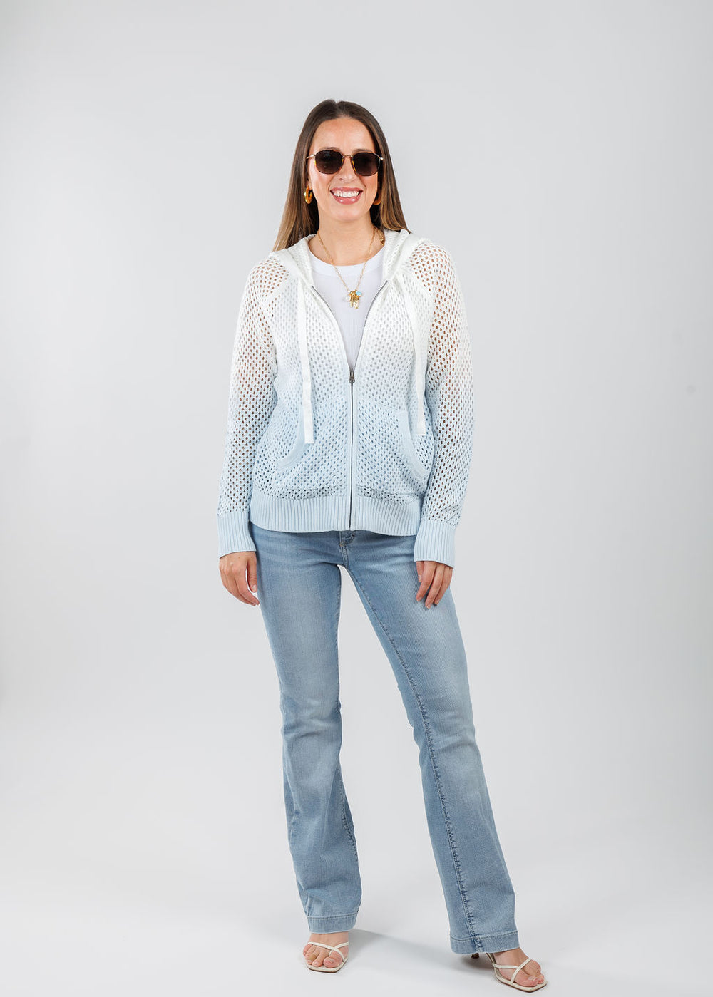 J Society Ombre Mesh Zip Hoodie in Baby Blue paired with MAC Dream Boot Jeans in Summer Blue Clouds Wash available at Barbara Katz