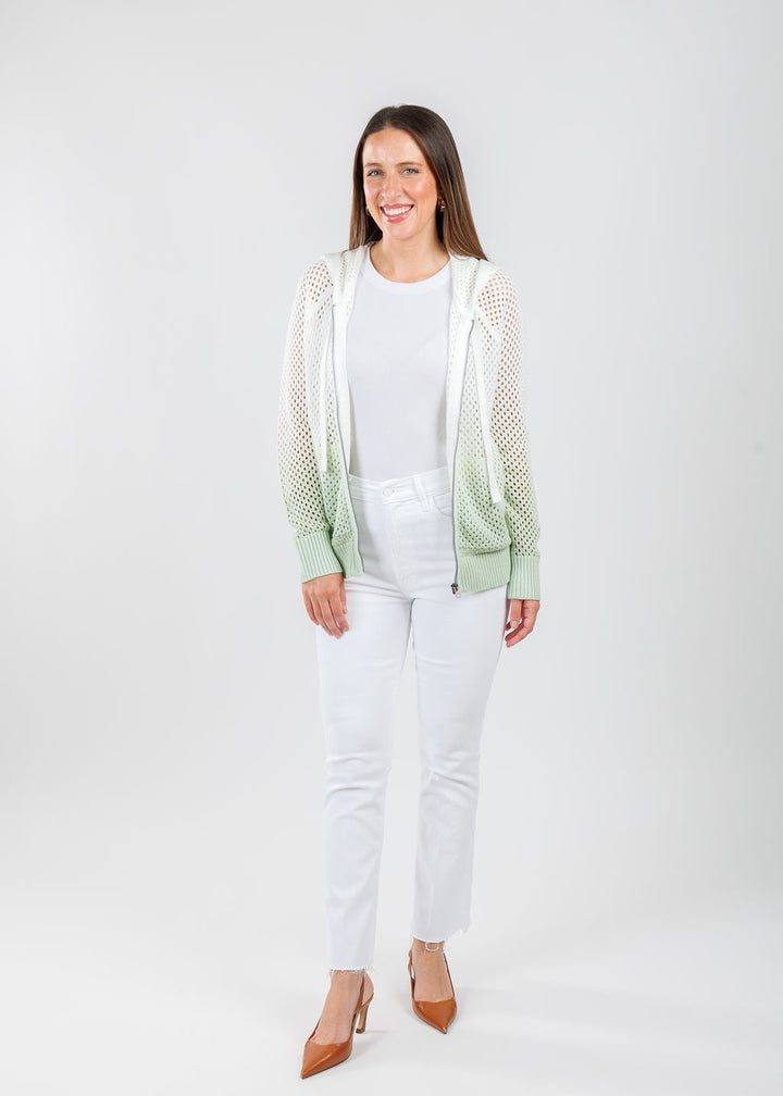 J Society Ombre Mesh Zip Hoodie in Sage paired with Mother The Hustler Ankle Fray Jeans in White available at Barbara Katz