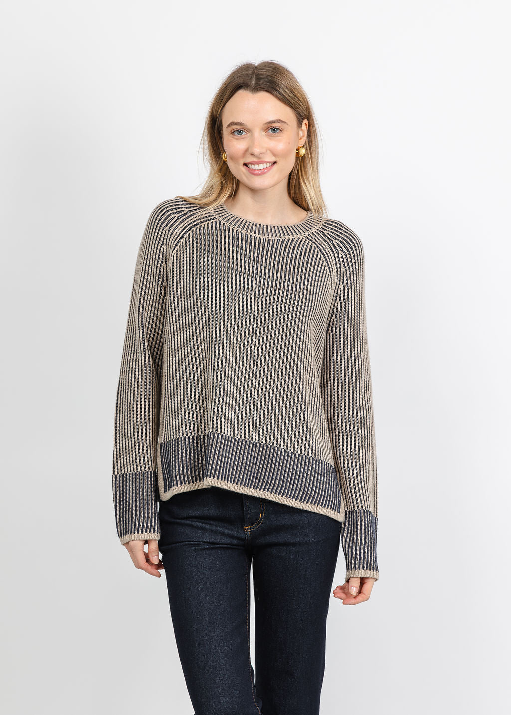 J Society Plaited Crew Sweater in Taupe/Navy available at Barbara Katz