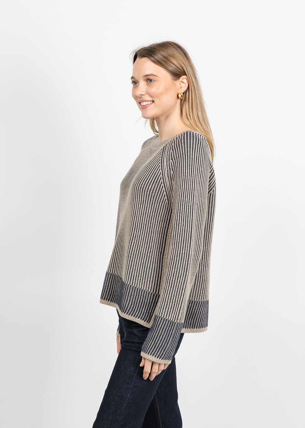 J Society Plaited Crew Sweater in Taupe/Navy available at Barbara Katz