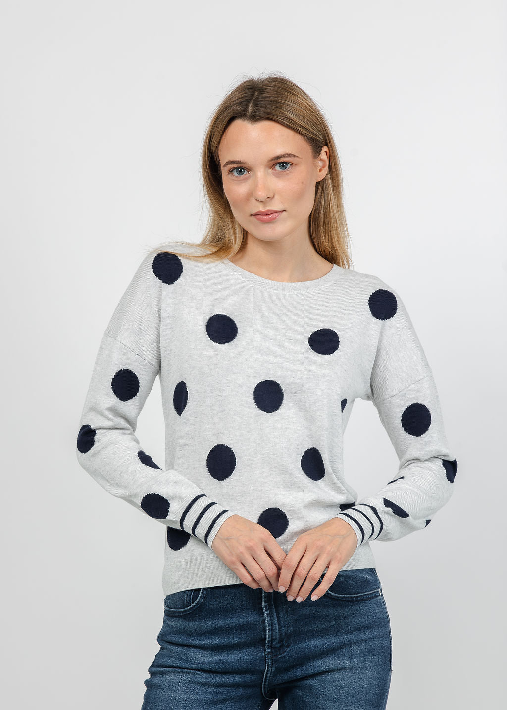 J Society Polka Dot Crew Sweater in Silver/Navy available at Barbara Katz