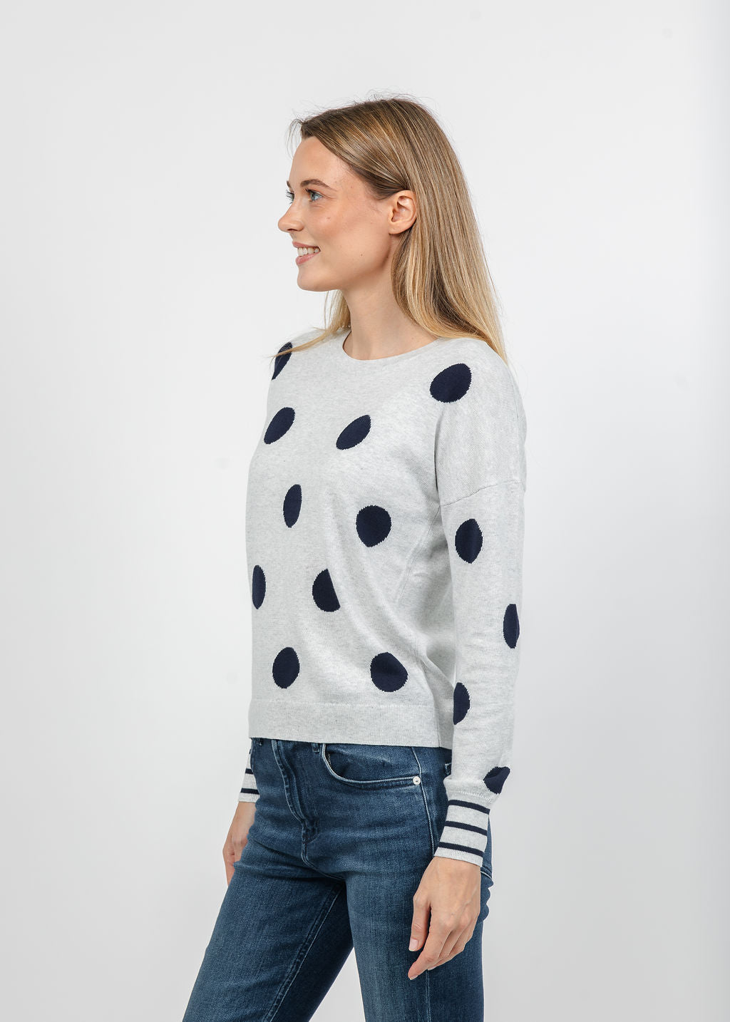 J Society Polka Dot Crew Sweater in Silver/Navy available at Barbara Katz
