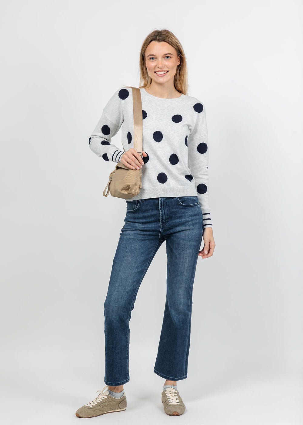 J Society Polka Dot Crew Sweater in Silver/Navy available at Barbara Katz