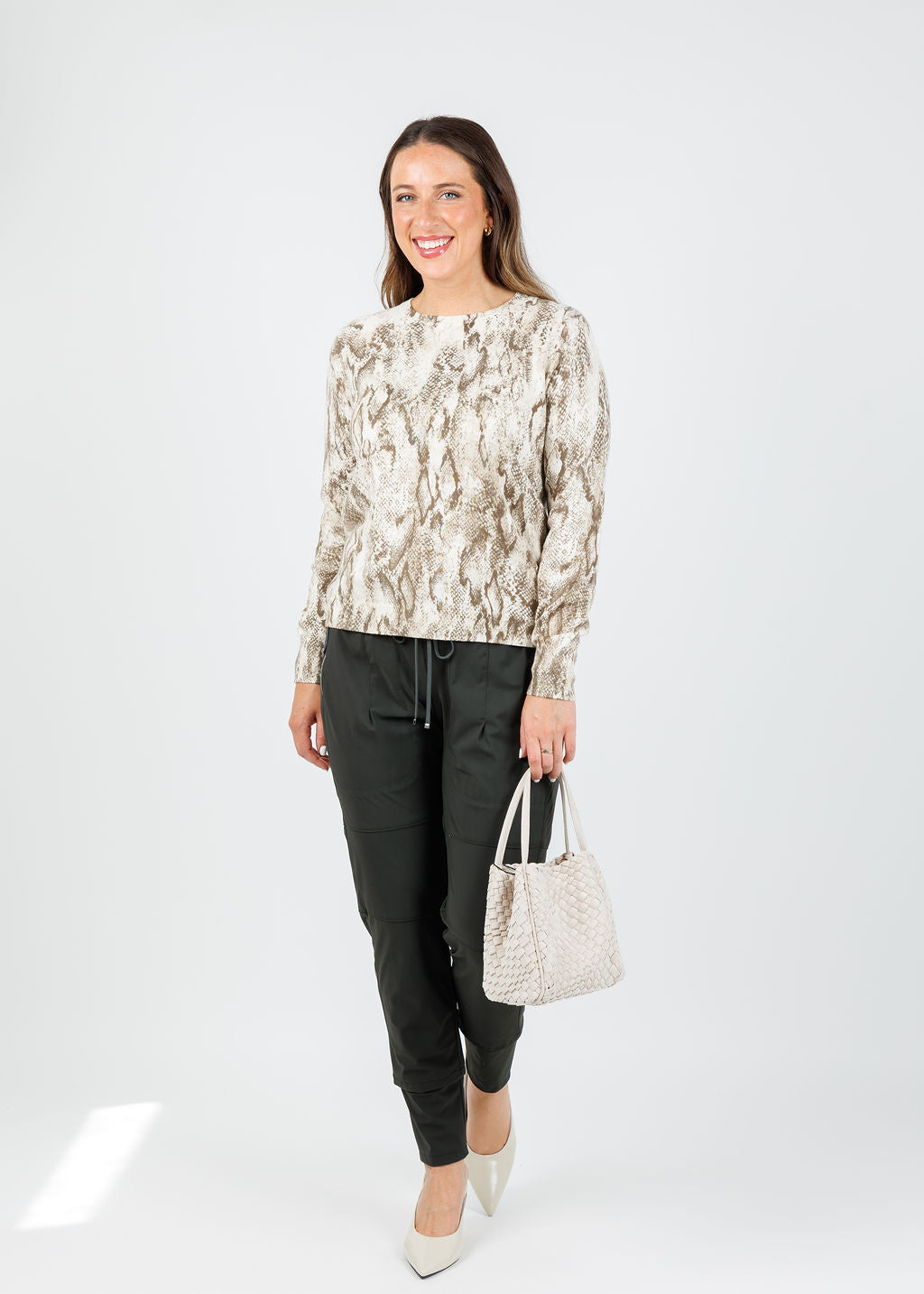 J Society Python Print Crew Sweater in Beige paired with Raffaello Rossi Candy Pants in Olive available at Barbara Katz