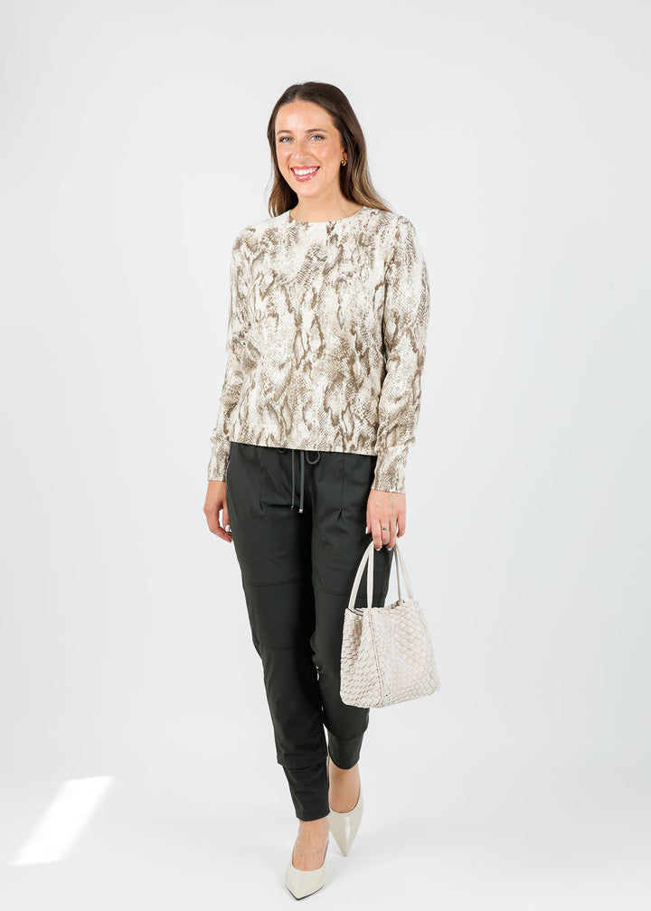 J Society Python Print Crew Sweater in Beige paired with Raffaello Rossi Candy Pants in Olive available at Barbara Katz