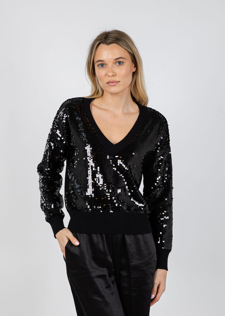 J Society Raelyn Sequin V-Neck Sweater in Black available at Barbara Katz