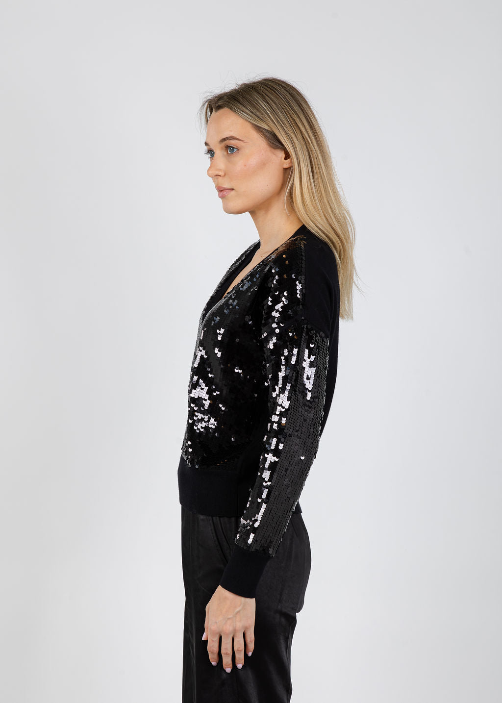 J Society Raelyn Sequin V-Neck Sweater in Black available at Barbara Katz