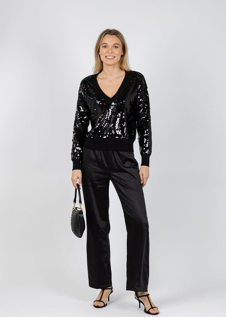 J Society Raelyn Sequin V-Neck Sweater in Black paired with J Society Melody Easy Full Pants in Black available at Barbara Katz